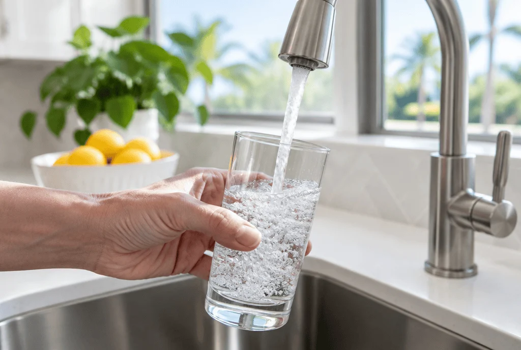 Glass being filled with clean water at a kitchen tap